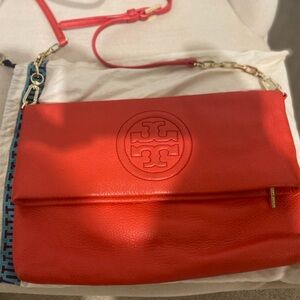 Tory Burch Fold Over Clutch Crossbody Bag Coral Red